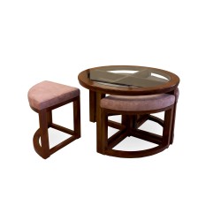 pure wood round dining table for living room low height with stools under the table